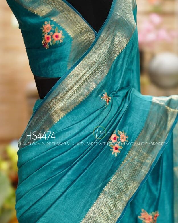 Pure Tussar By Linen Silk Hand Emnroidary Sarees (8)