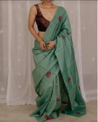 Pure Tussar Ghicha Embroidary Silk Sarees (8)