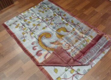 Pure Tussar Silk Checks Sarees With Kalamkari Prints (3)
