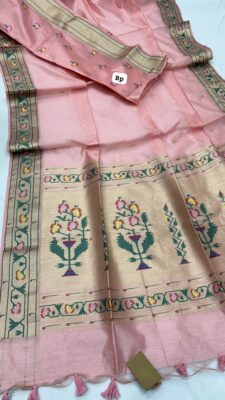 Handloom Linen Cotton Sarees With Paithani Pallu With Blouse. (10)