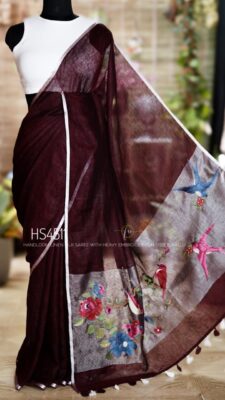 Handloom Linen Silk Sarees With Embroidary Pallu (49)