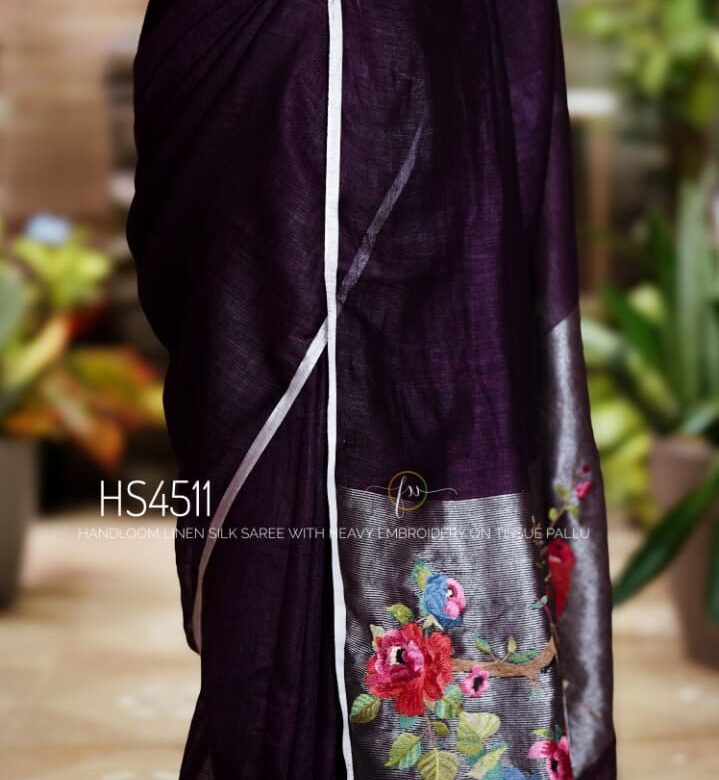 Handloom Linen Silk Sarees With Embroidary Pallu (52)