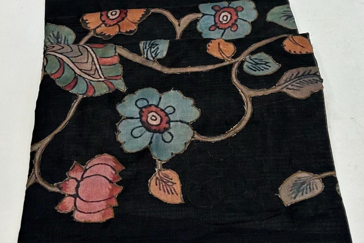 Latest Kota Tissue Sarees With Applique Work With Blouse (2)