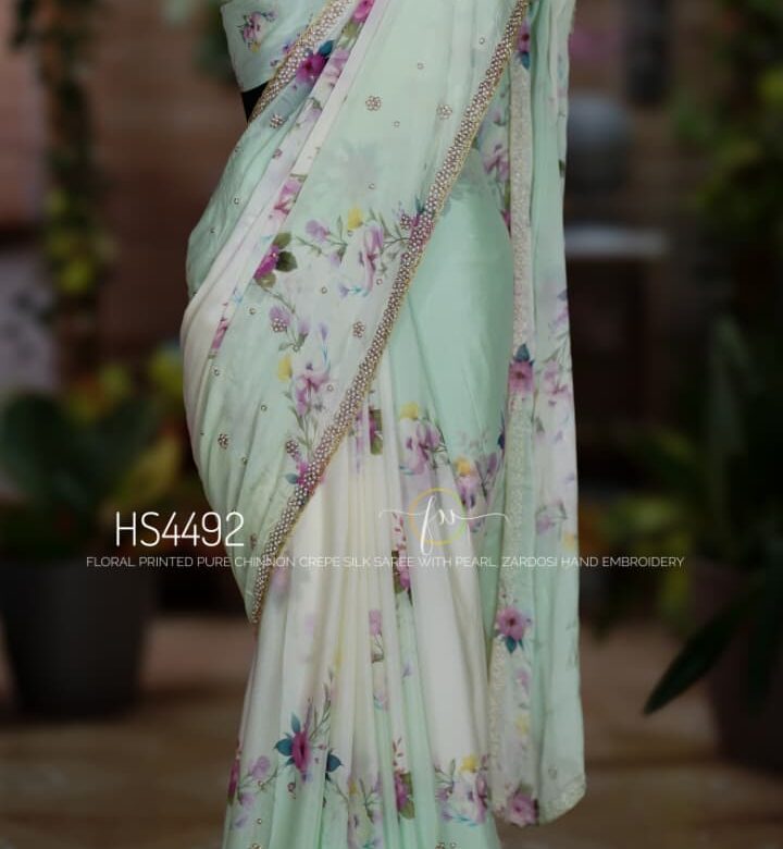 Pure Chinnon Crepe Floral Printed Sarees (12)
