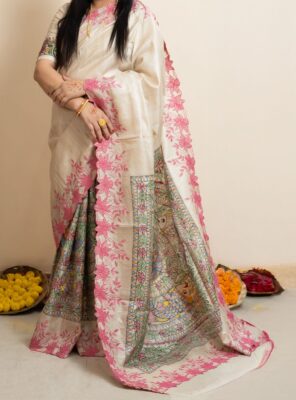 Pure Desi Tussar Silk Madhubani Hand Painted Sarees (1)