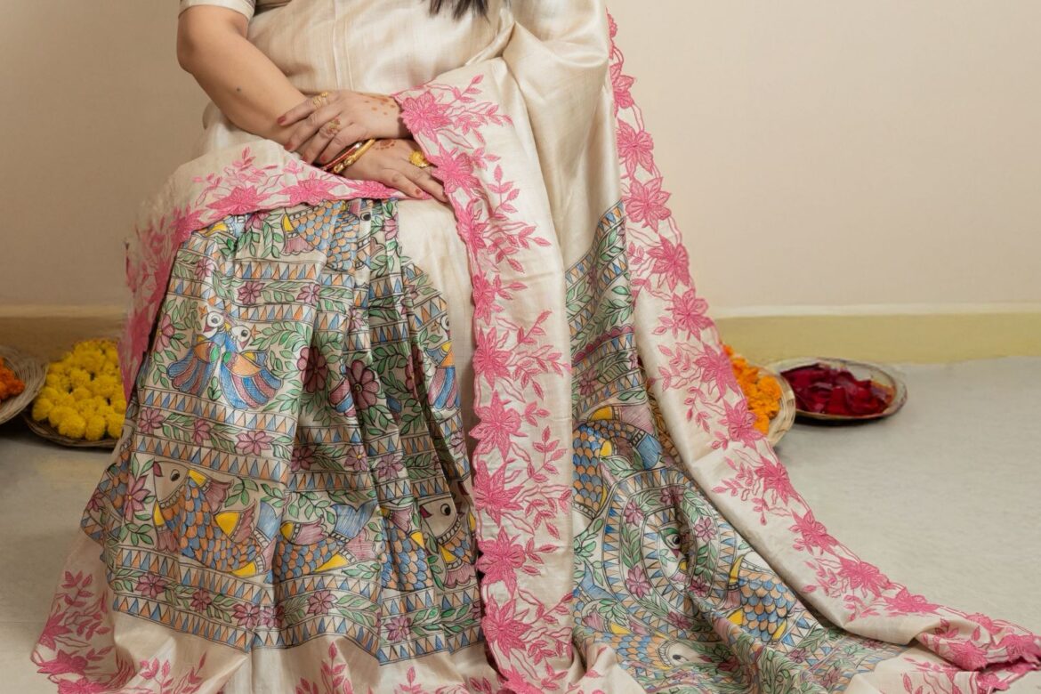 Pure Desi Tussar Silk Madhubani Hand Painted Sarees (2)