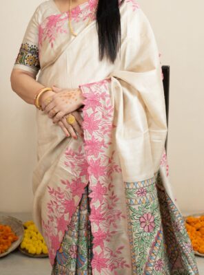 Pure Desi Tussar Silk Madhubani Hand Painted Sarees (5)