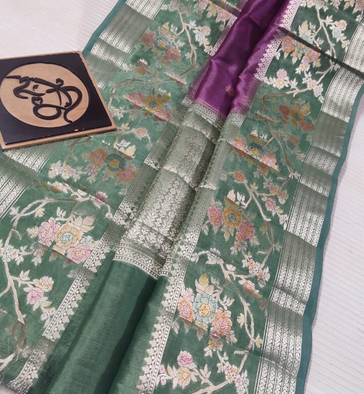 Pure Green Mango Silk Meenakari Sarees (13)