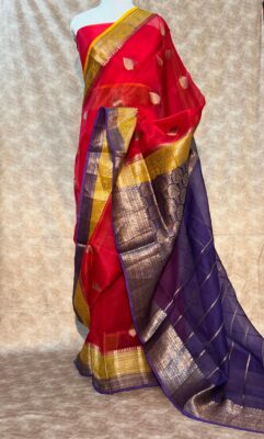 Pure Banaras Kora Silk Sarees With Contrast Blouse (2)